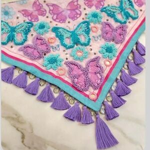 Pastel butterflies Embroidered Boho Western bandana -Colombian scarf. Multicolor